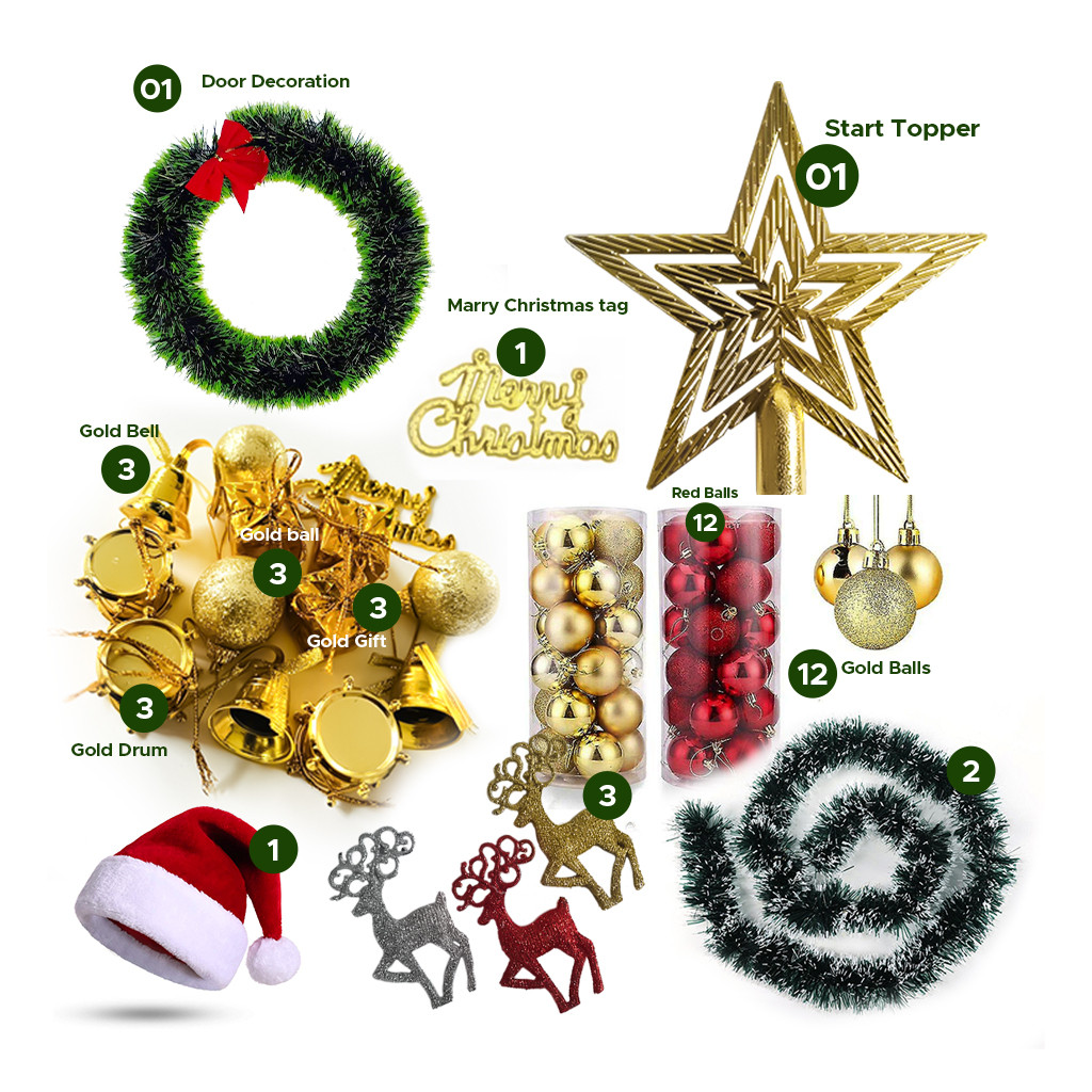 All in one christmas tree decoration pack star topper round garland santa hat deers drums bells gift marry christmas gold and red balls